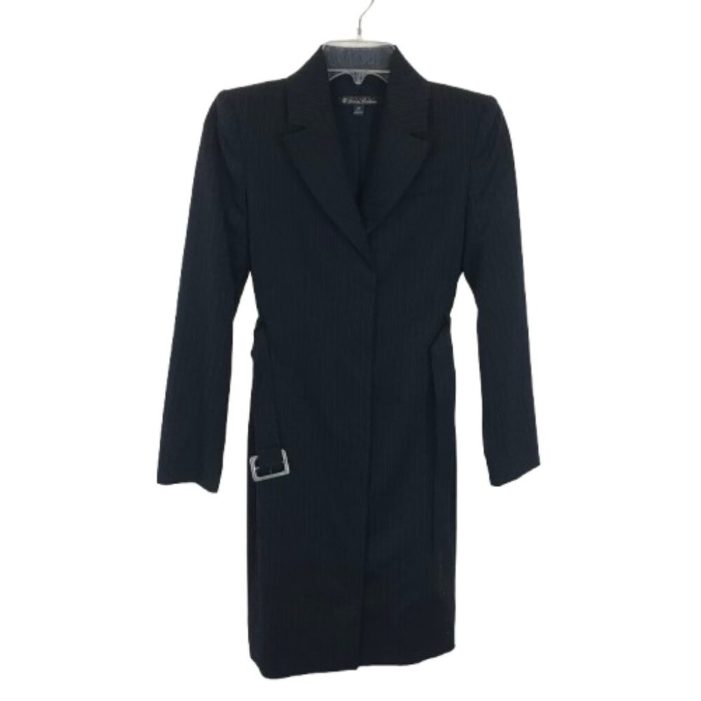 Brook Brothers Womens Petite Size 2 2P Pinstripe Stretch Wool Belted Trench Coat